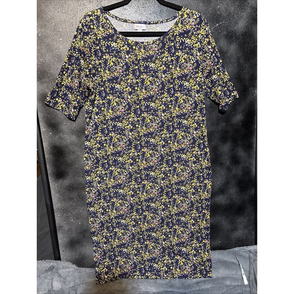 LulaRoe Julia Dress Size XXL Navy Yellow Floral Pattern Polyester Blend Fall